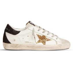 Golden Goose Super-Star In Nappa Leather With Gold Glitter Star And Black Glitter Heel tab